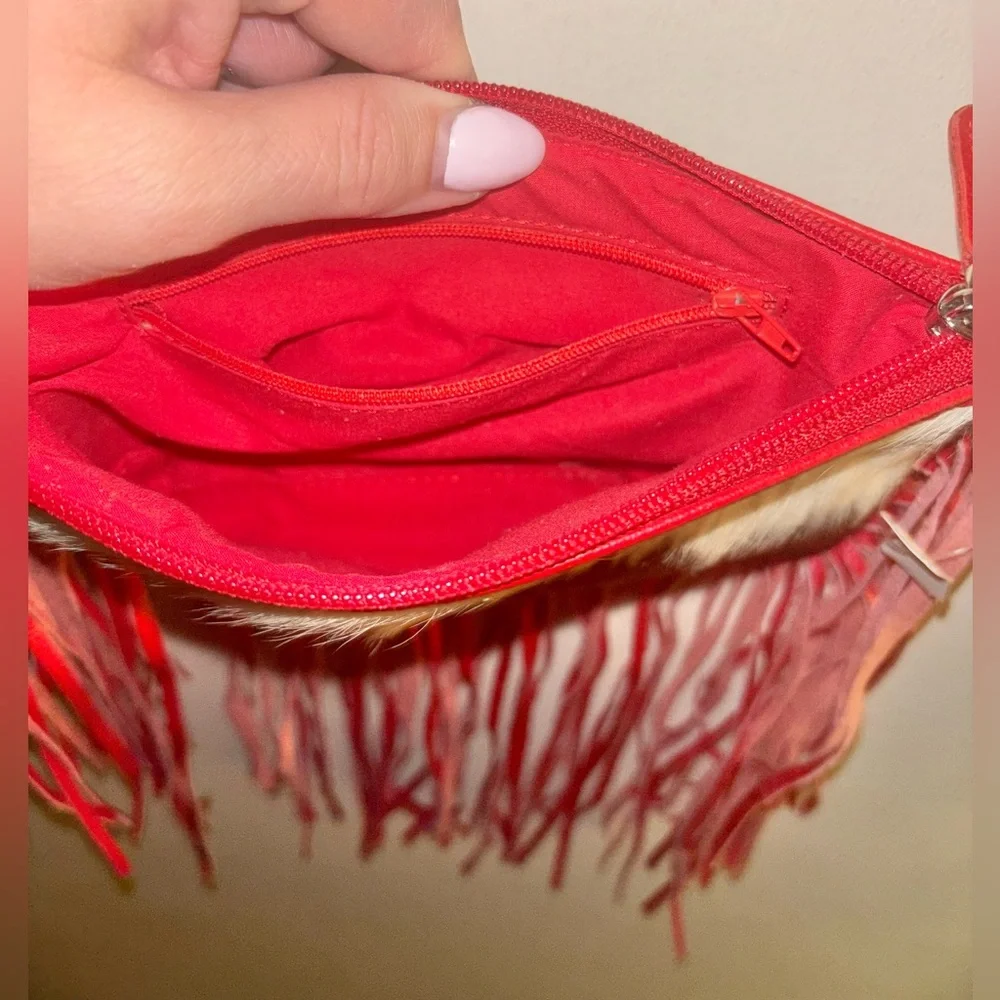 New Genuine Leather Cowhide Tooled Cross Body Fringe Purse Red Brown Western